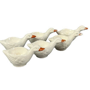 Vintage Set of 6 Ceramic White Pekin Duck Egg Cups 4"x2" Easter 90's Country
